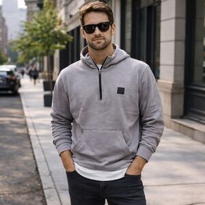 Adidas Gray & White Cotton Blend Quarter-Zip Pullover Hoodie Athletic Streetwear